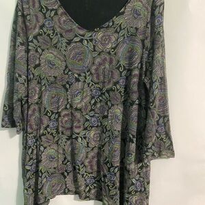 J. Jill Black V-Neck Floral Tunic with Purple and Green Details